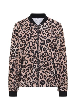 Bomberjacke mit Leopardenmuster in Rosa und Schwarz, mit Reißverschluss vorne, gerippten Bündchen und rundem Ausschnitt. Weicher Stoff mit entspannter Passform.