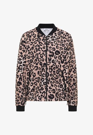 Leopardikuvioinen bomber-takki vaaleanpunaisena ja mustana, jossa on edessä vetoketju, resorit hihansuissa ja pyöreä pääntie. Pehmeä kangas ja rento istuvuus.