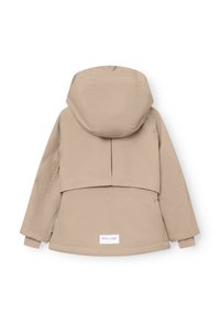 Beige, leichtgewichtige Kapuzenjacke mit cropped Design, flachen Nähten und einem kleinen Etikett am Saum. Glatte Textur, praktisch zum Schichten.