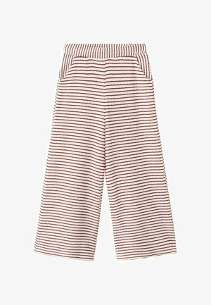Dzianinowe spodnie o szerokich nogawkach z czerwono-białymi poziomymi paskami, elastyczną talią i przednimi kieszeniami.