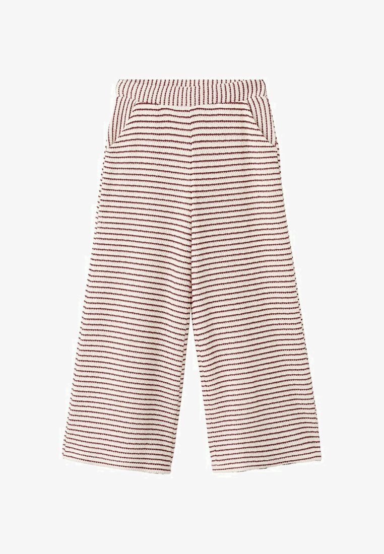 Gestrickte Hose mit weitem Bein, rot-weißen horizontalen Streifen, elastischem Bund und vorderen Taschen.
