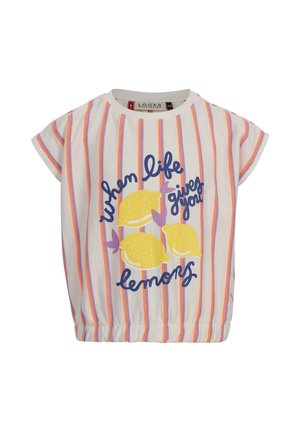 Wit T-shirt met korte mouwen met verticale oranje en paarse strepen, met drie gele citroenen en de tekst "als het leven je citroenen geeft."