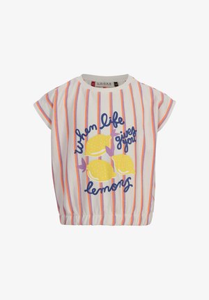 Wit T-shirt met korte mouwen met verticale oranje en paarse strepen, met drie gele citroenen en de tekst "als het leven je citroenen geeft."