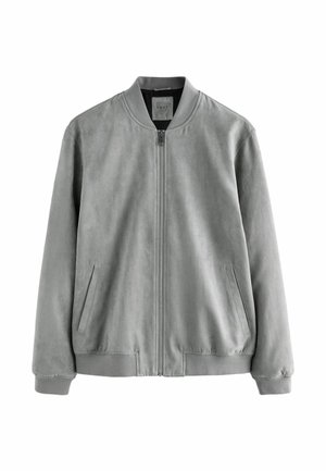 Graue Wildleder-Bomberjacke mit einem Reißverschluss vorne, gerippten Bündchen und Saum sowie seitlichen Taschen. Glatte Textur und lässiges Design.