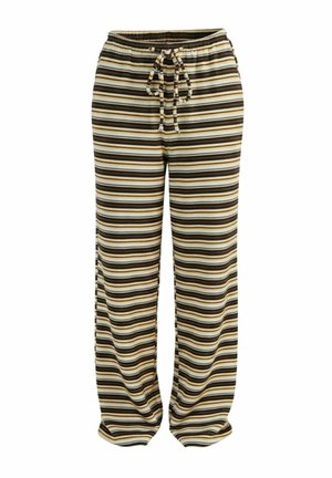 Striped, lightweight pants in brown, cream, and yellow. Features an elastic waistband with drawstring and relaxed fit for comfort.