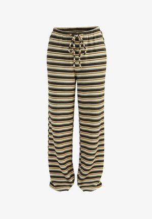 Stribede, lette bukser i brun, creme og gul. Med elastisk talje med snøre og afslappet pasform for komfort.