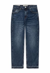 Granatowe proste dżinsy z przodu zapinane na guzik i zamek, z pięcioma kieszeniami oraz delikatnym przetarciem na udach.