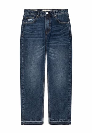 Donkerblauwe rechte spijkerbroek met knoop en ritssluiting aan de voorkant, vijf zakken en lichte versleten details op de dijen.