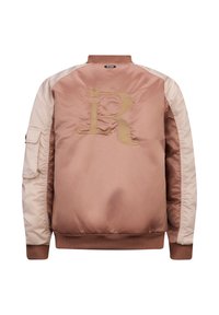 Lichtroze satijnen bomberjack met beige mouwen. Heeft een geborduurd gouden 'R'-logo en sterdetail op de achterkant, geribbelde boorden.