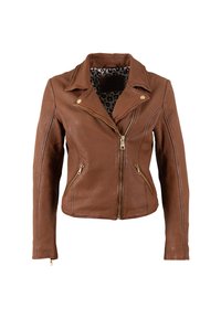 Giubbino da moto in pelle marrone con un design aderente, chiusura zip frontale e due tasche laterali. Fodera interna con stampa leopardata.