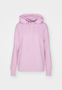 Light pink hooded sweatshirt with a relaxed fit, drawstring closure, ribbed cuffs, and a soft texture. Features subtle stitching details.