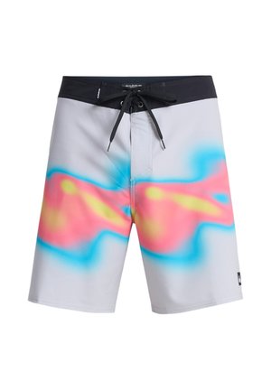 Bañadores de hombre en gris claro, con un vibrante patrón abstracto en rosa, azul y amarillo. Cuentan con una cintura con cordón negro.