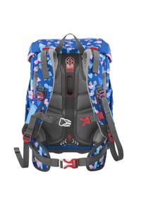 Blue and pink heart-patterned backpack with padded back, adjustable gray straps, red buckles, and ergonomic support system shown from the back.