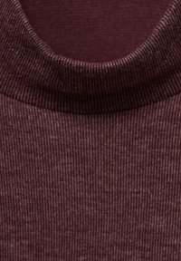 Maroon ribbed sweater with a high, rounded neckline. Material appears soft with a fine texture and consistent pattern throughout.