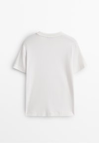 White short-sleeve t-shirt featuring a round neckline and plain design. Made of soft fabric with a smooth texture. No visible embellishments.