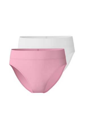 Twee paar katoenen slips, één roze en één wit. Elk heeft een zachte textuur, een middelhoge tailleband en naadloze zijkanten.