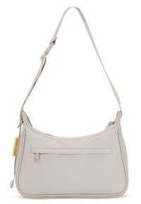 Ljusgrå axelväska i texturerat tyg. Har en rundad form, justerbar axelrem och en framficka med dragkedja samt en logotypetikett.