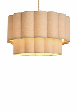 Beige fabric pendant lamp with a scalloped double-layered cylindrical shade, softly glowing from inside, hanging by a twisted cord.