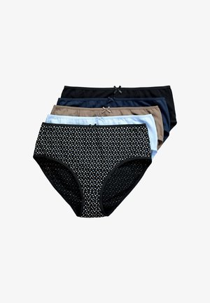 Set aus fünf Damen-Slips mit hohem Bund in Schwarz mit weißen Dreiecken, Hellblau, Beige, Marineblau und einfarbig Schwarz, jeweils mit einer kleinen Schleife vorne.