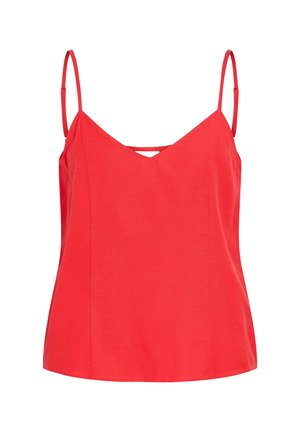 Top rojo sin mangas para mujer con tirantes finos ajustables y un pequeño detalle de tira horizontal debajo del escote en V.
