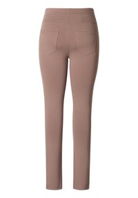 Leggings van zachte, rekbare stof, met een hoge taille, een getailleerd silhouet en twee achterzakken. De kleur is een gedempt, lichtbruin.