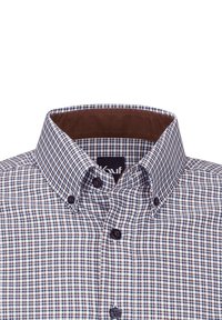 Camicia a quadri con colletto marrone, caratterizzata da motivi blu, rossi e bianchi. Chiusura con bottoni frontali scuri. Tessuto in cotone.