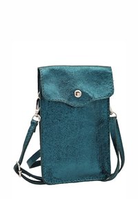 Sac bandoulière métallique bleu sarcelle en matériau texturé, doté d'un rabat, d'un bouton-pression et d'une bandoulière ajustable pour plus de commodité.