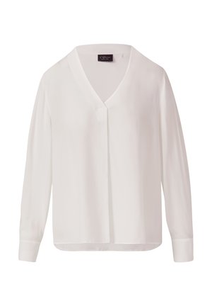 Witte V-hals blouse met lange mouwen, verborgen knopen aan de voorkant en aangeknoopte manchetten, gelabeld "S.Oliver Black Label."