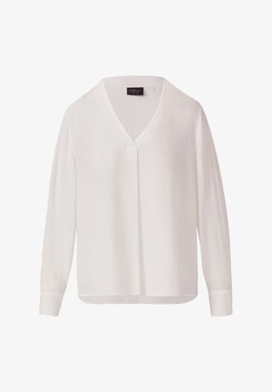 Weißes V-Ausschnitt Langarmbluse mit verdeckten Frontknöpfen und geknöpften Manschetten, etikettiert "S.Oliver Black Label."