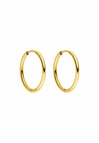 Goldfarbene Metall-Ohrstecker mit einer glatten, glänzenden Oberfläche, die eine kreisförmige Form und einen einfachen Verschluss für sicheren Halt bieten.