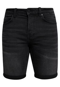 Pantalones cortos de mezclilla negra con un diseño clásico de cinco bolsillos, cierre de botón y dobladillos enrollados. Presenta una textura suave y un ligero desgaste.