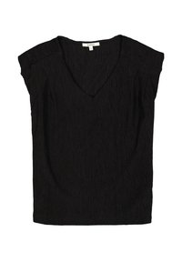 Schwarzes V-Ausschnitt-Oberteil mit kurzen Ärmeln, hergestellt aus strukturiertem Stoff mit vertikalen Streifen. Lockere Passform mit einem schlichten Schnitt.