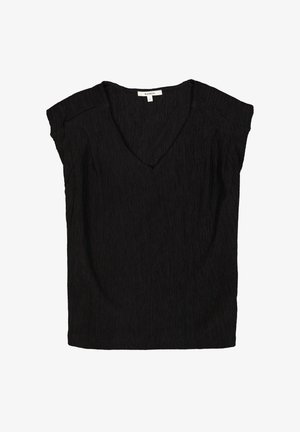 Schwarzes V-Ausschnitt-Oberteil mit kurzen Ärmeln, hergestellt aus strukturiertem Stoff mit vertikalen Streifen. Lockere Passform mit einem schlichten Schnitt.