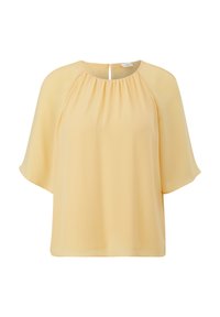 Blouse à manches courtes en chiffon jaune pâle, présentant un col rond avec un design froncé et une fermeture à clé dans le dos.