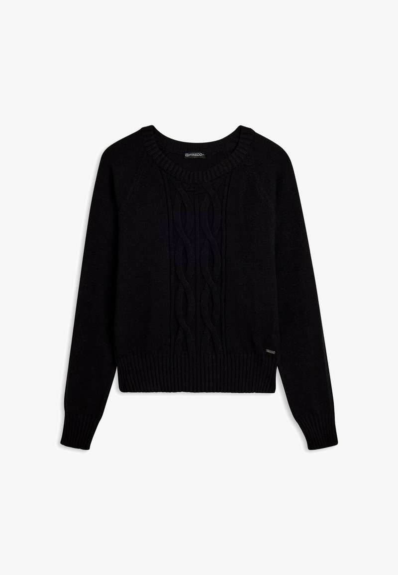 Maglione nero a maniche lunghe in maglia con motivo a treccia al centro, colletto girocollo a coste, polsini e orlo.