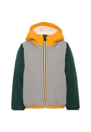 Giacca invernale con cappuccio, parte anteriore grigia, maniche verdi scuro e cappuccio e bordi giallo senape, con cerniera frontale e tasche laterali.