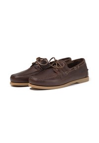 Bottines en cuir marron avec une finition lisse, bout arrondi, design à lacets et semelles en caoutchouc tan. Comprend deux œillets en métal pour les lacets.