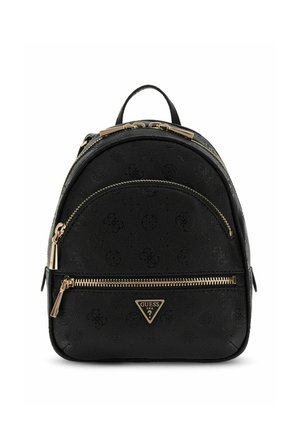 Mini zaino Guess nero con motivo del logo in rilievo, cerniere dorate, tasca frontale con zip e manico superiore.