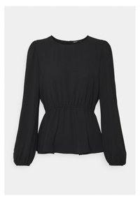 Blusa nera a maniche lunghe con scollatura rotonda, vita arricciata e maniche svasate. Realizzata in un tessuto leggero e con texture.
