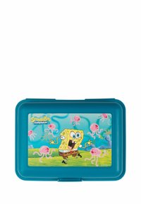 Lunch box blu con un colorato design di Spongebob Squarepants, con meduse, forma rettangolare, superficie liscia e coperchio a cerniera.