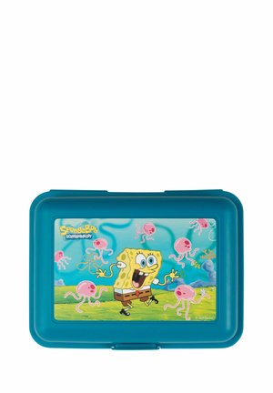 Blaue Brotdose mit einem bunten Spongebob Schwammkopf-Design, das Quallen zeigt, rechteckige Form, glatte Textur und klappbaren Deckel.