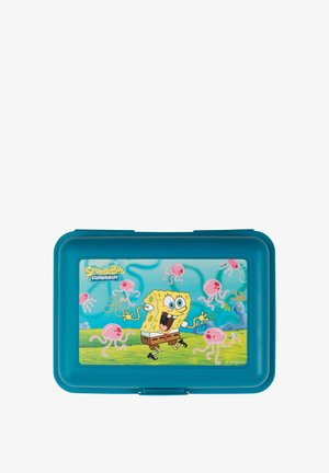 Lunch box blu con un colorato design di Spongebob Squarepants, con meduse, forma rettangolare, superficie liscia e coperchio a cerniera.