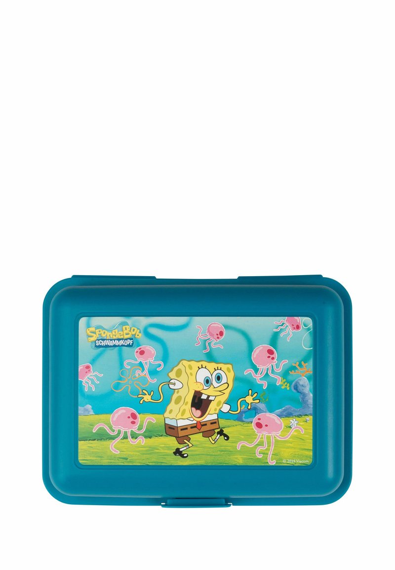 Lunch box blu con un colorato design di Spongebob Squarepants, con meduse, forma rettangolare, superficie liscia e coperchio a cerniera.