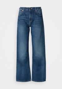 Blue wide-leg jeans made of denim, featuring a five-pocket design, button closure, and subtle fading on the fabric.