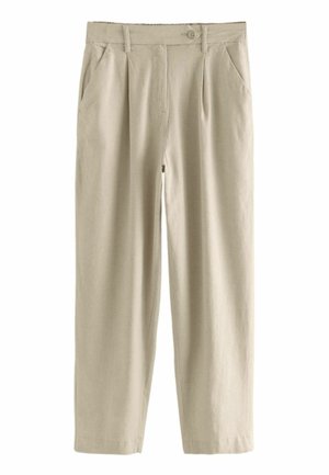 Beige bukser med højt liv, knaplukning, sidelommer, bæltestropper, folder foran og lige, vide ben.