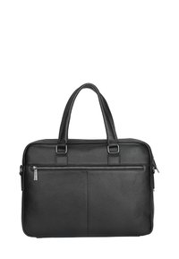 Black leather briefcase with two handles and a front zippered pocket on a white background.