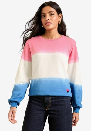 Sweatshirt coloré avec un dégradé de rose, blanc et bleu. Manches longues avec des poignets côtelés, col rond et petite broderie en forme de cœur.