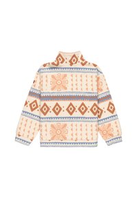 Pull en polaire avec col montant, présentant une base crème, des motifs géométriques en orange, marron et bleu, et un tissu texturé.