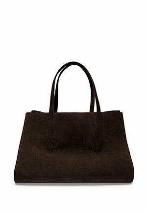 Brown suede handbag with elongated handles, rectangular shape, and a smooth texture. No visible hardware or embellishments.