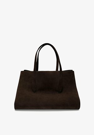Brown suede handbag with elongated handles, rectangular shape, and a smooth texture. No visible hardware or embellishments.